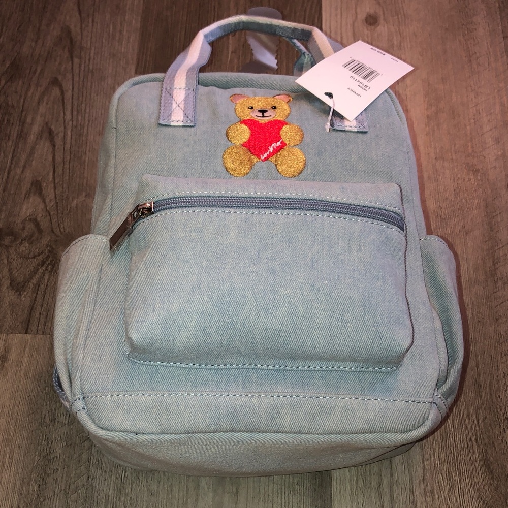 Luv Betsey Betsey Johnson LBPERCY Denim Backpack Teddy Bear Embroidery NWT